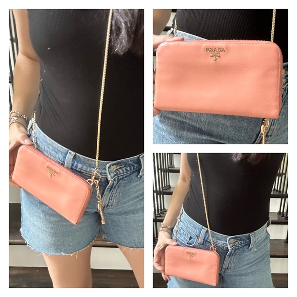 💯 PRADA Logo Peach Saffiano Leather Zippered Wallet on Chain W/ auth cert - Picture 11 of 12